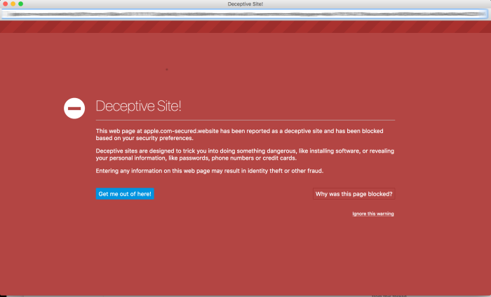 Deceptive site screen in the browser