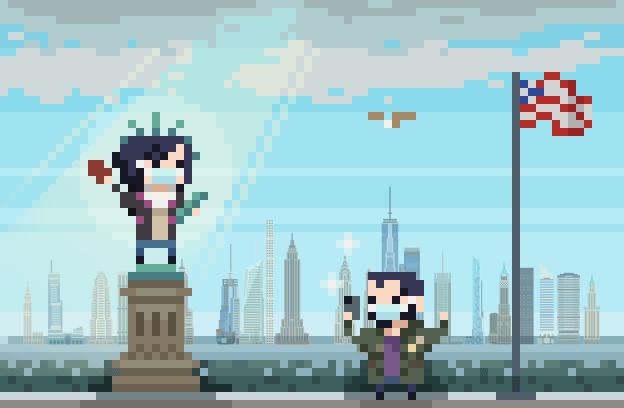 Ilustración en pixel-art de Salva y Bea sobre el paisaje neoyorquino. Bea imita a la Estaua de la Libertad y Salva a un turista haciendo fotos con el móvil. Alrededor de Bea aparecen y desaparecen bocadillos enumerando diversos trámites.