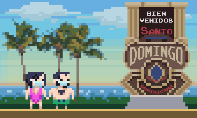 Ilustración en pixel-art de Salva y Bea en bañador, en Santo Domingo, al lado de un cartel con el nombre de la ciudad y unos pterodáctilos en el cielo