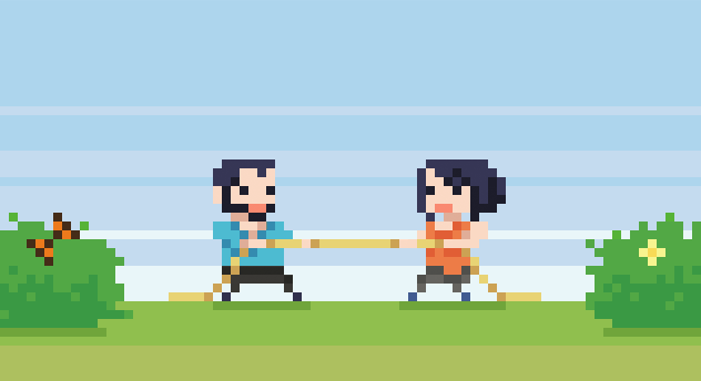 Ilustración en pixel-art de Bea y Salva, tirando de una cuerda, cada uno en un extremo. De repente, Bea tira fuerte y Salva pierde terreno para acabar junto a Bea quien, sin previo aviso, da un beso a Salva en la mejilla. Ambos salen ganando.