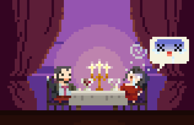 Ilustración en pixel-art de Bea y Salva, en una cita en un restaurante. Salva cuenta la paradoja del gato de Schödinger, mientras Bea, aburrida, ya no es capaz de mantenerse despierta frente a él.
